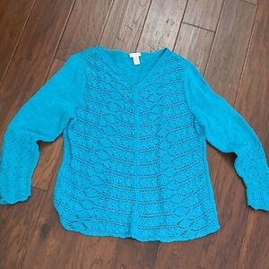 Chico's Vibrant Blue Knit Sweater with Crocheted Front & Sleeves size 2 (Large)